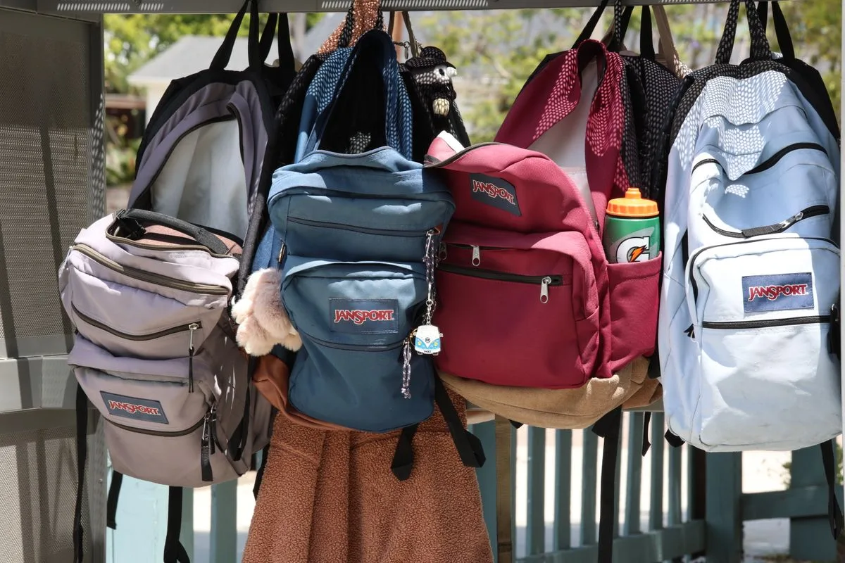A collection of colorful backpacks hanging outside on a sunny day.