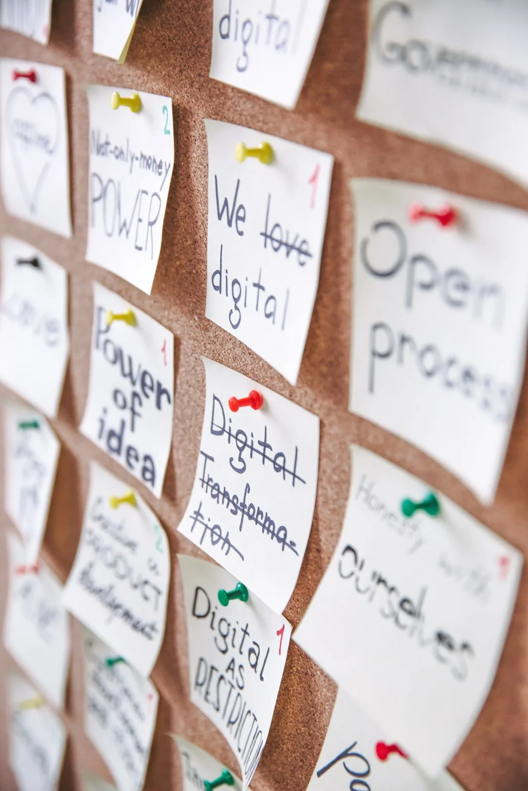 A collection of notes pinned to a board showcasing ideas and planning.